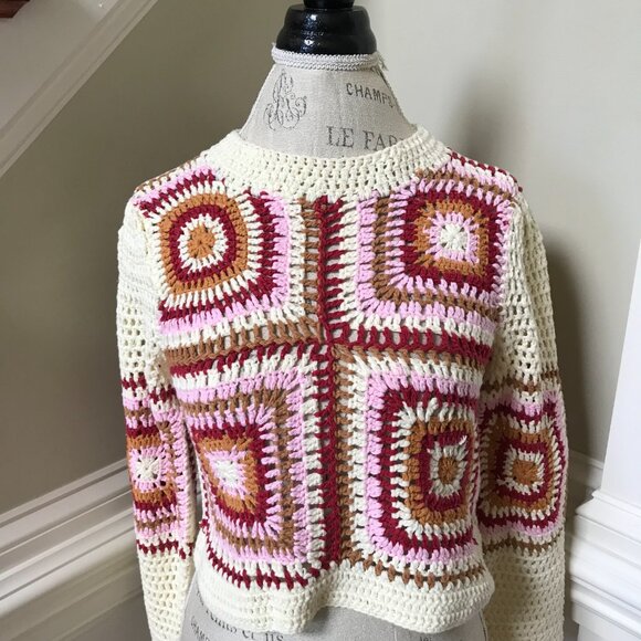 MinkPink Norah Crochet Sweater Womens XS Cream Pink Red Crew Neck Long Sleeve - Picture 4 of 11